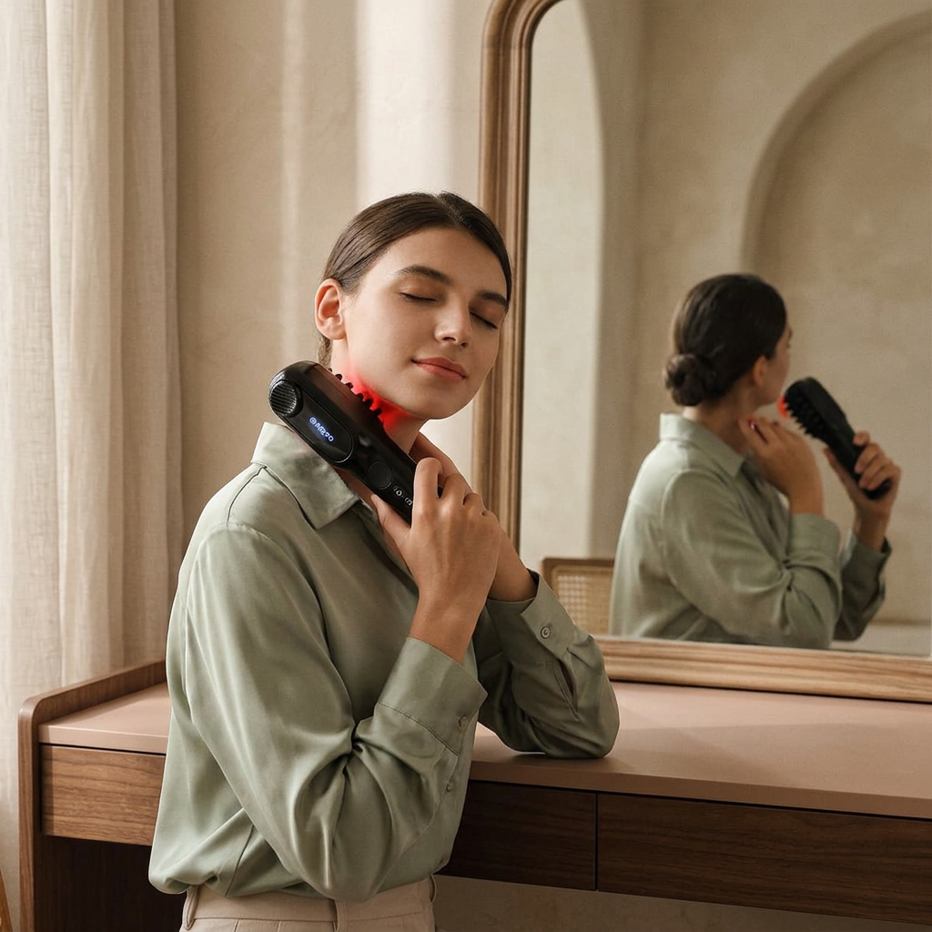 Woman using the Hush red light scalp massager at home